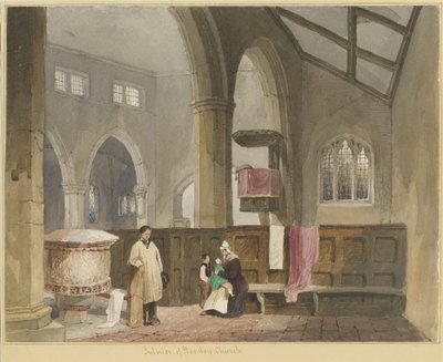 Interiør i Standon Church: akvarellmaleri, og [?midten av 1800-tallet] av Thomas Peploe Wood