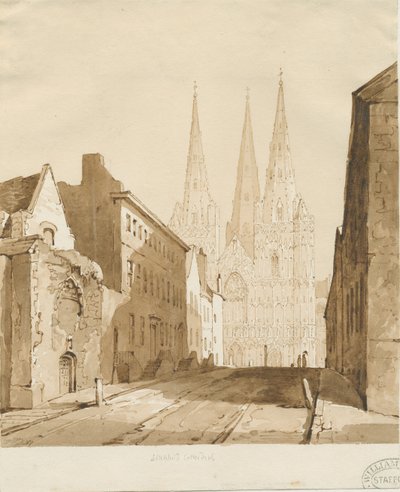 Lichfield Cathedral: rød-sepia-tegning av Thomas Peploe Wood