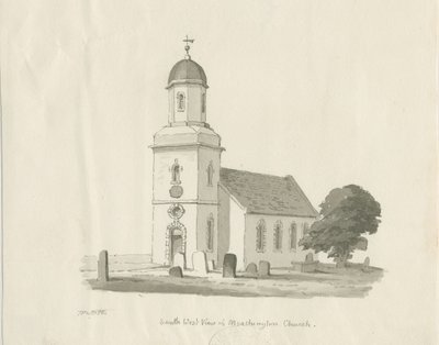 Marchington Church: sepia vasketegning, 1836 av Thomas Peploe Wood