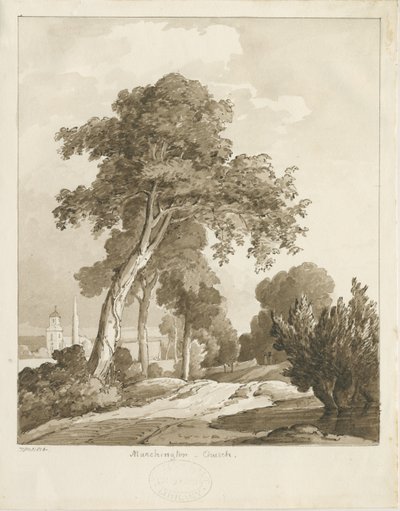Marchington Church: sepia vasketegning, 1836 av Thomas Peploe Wood