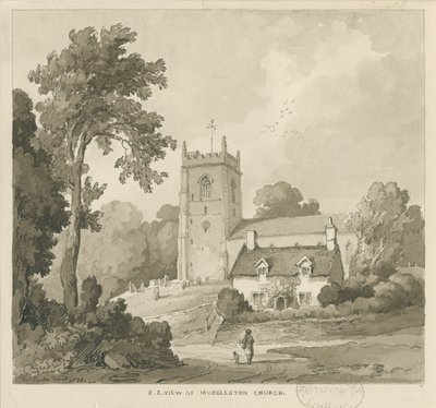 Mucklestone Church: sepia vask tegning av Thomas Peploe Wood