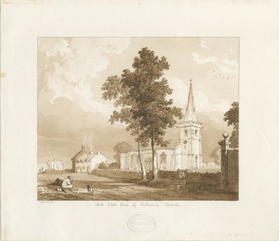 Rolleston Church: rød-sepia-tegning, 1836 av Thomas Peploe Wood