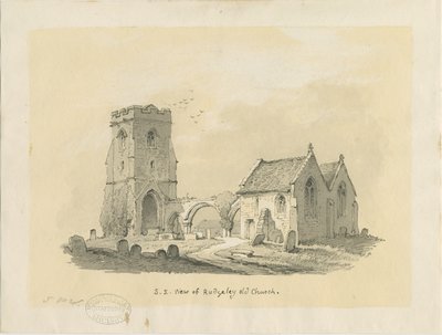 Rugeley Church (gammel): sepia-tegning på tonet papir, nd [?1839] (tegning) av Thomas Peploe Wood