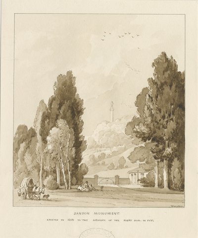 Sandon - Monument til William Pitt: sepia vasketegning, 1838 av Thomas Peploe Wood