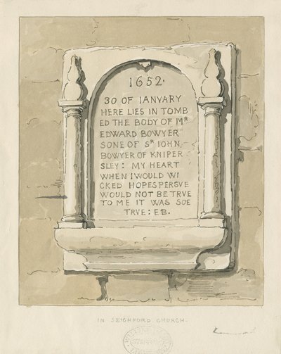 Seighford Church - Steintavle til Edward Bowyer: sepia-tegning, nd [?1838] (tegning) av Thomas Peploe Wood
