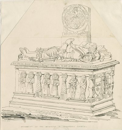 Seighford Church - Tomb of William and Mercy Bowyer: penn- og blekktegning av Thomas Peploe Wood