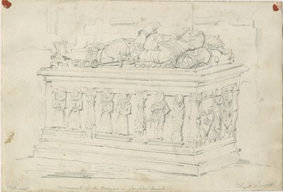 Seighford Church - Tomb of William and Mercy Bowyer: blyanttegning av Thomas Peploe Wood
