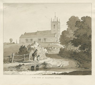 Seighford Church: sepia vask tegning av Thomas Peploe Wood