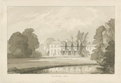 Seighford Hall: sepia vask tegning av Thomas Peploe Wood