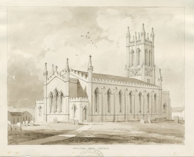 Shelton Church: sepia vask tegning av Thomas Peploe Wood