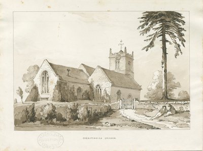 Sheriffhales kirke: sepia vasketegning, nd [?1838] (tegning) av Thomas Peploe Wood