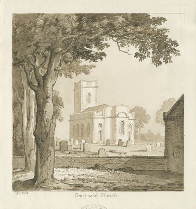 Smethwick Church: sepia-tegning, 1836 av Thomas Peploe Wood