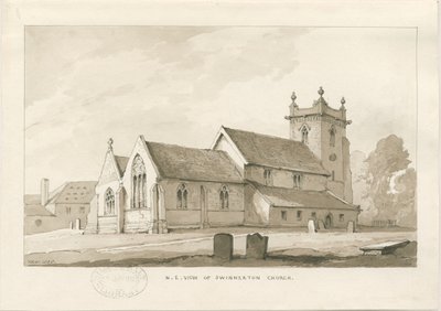 Swynnerton Church: sepia vasketegning, 1838 av Thomas Peploe Wood