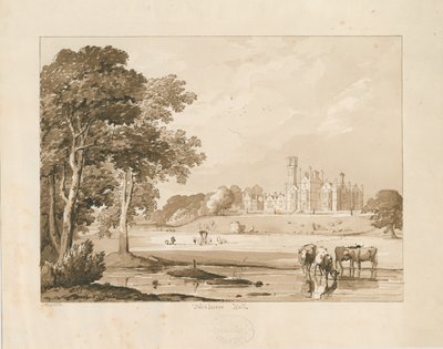 "Thickbroom Hall" [Manley Hall]: sepia vasketegning, 1837 av Thomas Peploe Wood