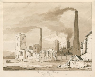 Tipton Old Church: sepia vasketegning, 1837 av Thomas Peploe Wood