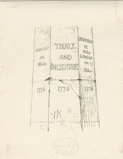Tixall - Steinsøyle som viser kjørelengde: penn- og blekktegning, nd [midten av 1800-tallet] (tegning) av Thomas Peploe Wood