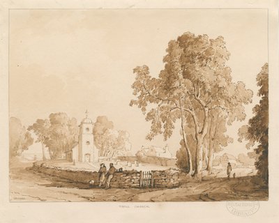 Tixall kirke: rød-sepia-tegning, 1837 av Thomas Peploe Wood