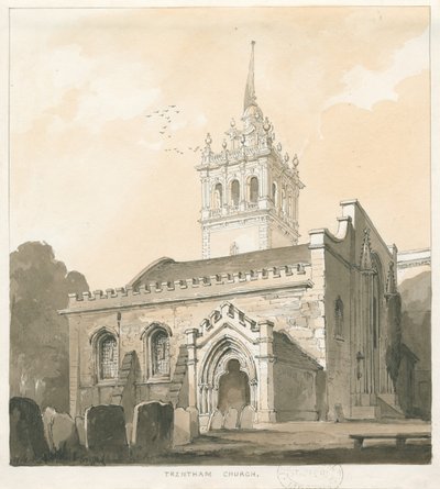 Trentham Church: sepia og gul vask tegning, nd [?1838] av Thomas Peploe Wood