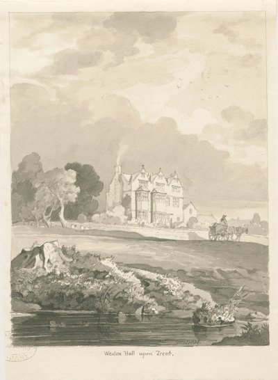 Weston-on-Trent - Hall: sepia-tegning av Thomas Peploe Wood