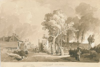 Weston-on-Trent - Shirleywich Saltworks: sepia vasketegning, 1838 av Thomas Peploe Wood