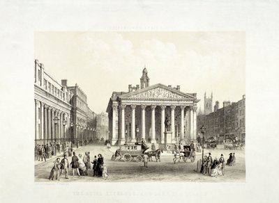 Royal Exchange og Bank of England til venstre, London, 1851 av Thomas Picken