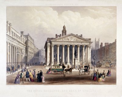 Royal Exchange og Bank of England til venstre, London, 1851 av Thomas Picken