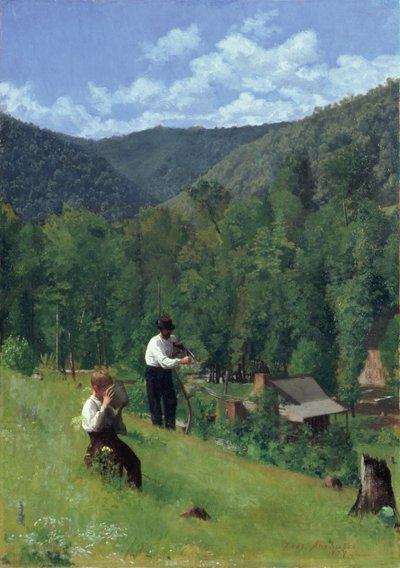 Bonden og hans sønn ved høsting, 1879 av Thomas Pollock Anschutz