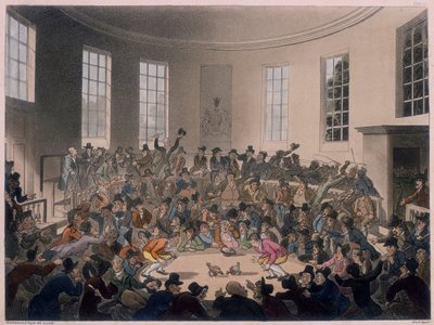 Menn som ser på en hanekamp, sent på 1700- og tidlig på 1800-tallet av Thomas Rowlandson, Augustus Charles Pugin