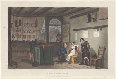 Boot & Shoe Shop, fra Poetical Sketches of Scarborough, 1813., 1813. Skapere: Thomas Rowlandson, Joseph Constantine Stadler, J. Bluck. av Thomas Rowlandson, Joseph Constantine Stadler, J. Bluck