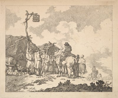 A Fair - En gruppe sigøynere - menn og kvinner i rustikke klær foran to provisoriske te..., 1786. av Thomas Rowlandson