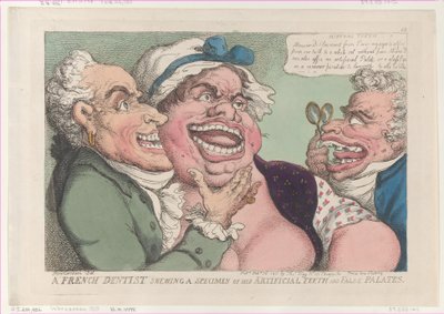 En fransk tannlege viser et eksemplar av sine kunstige tenner og falske ganer..., 26. februar 1811. av Thomas Rowlandson