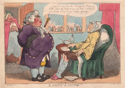 A Going, A Going!!, pub. 1813 (håndfarget gravering) av Thomas Rowlandson