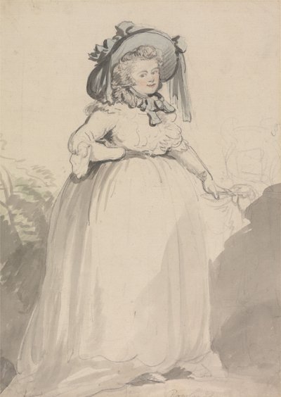 En dame i hvit kjole, med en blå hatt på hodet av Thomas Rowlandson