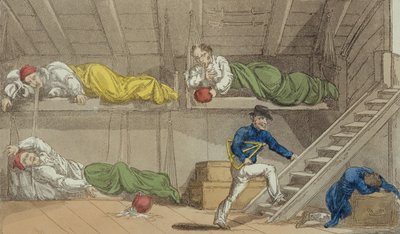 En scene i kanalen, fra Stormesteren, eller Qui Hi-eventyr? i Hindostan. A Hudibras Poem in Eight Cantos av Quiz, av William Combe (1741-1823) utgitt av Thomas Tegg, London, 1815 (aqua av Thomas Rowlandson