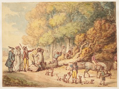 En jeger med familien sin som instruerer skogsarbeidere i å hugge opp et felt tre av Thomas Rowlandson