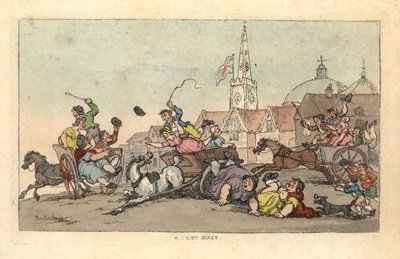 Et kjerreløp i en engelsk by med en ulykke i forgrunnen av Thomas Rowlandson