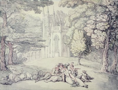 En college-grønn med en gruppe jenter og unge herrer i forgrunnen, ca. 1810-15 (penn og blekk og akvarell over blyant på papir) av Thomas Rowlandson