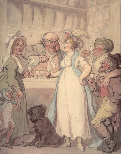 En ung attraktiv kvinne blir introdusert for "gledene" ved gindrikking, c1810 av Thomas Rowlandson