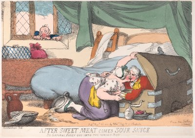 Etter at søtt kjøtt kommer sur saus, eller korporal Casey kom inn i feil boks, ..., 30. november 1810. av Thomas Rowlandson