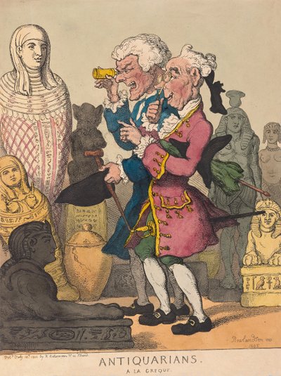 Antikvarier a la Greque, pub. 1805 (håndfarget gravering) av Thomas Rowlandson