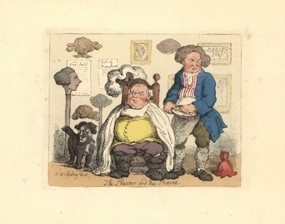 Frisør og kunde i en frisørsalong dekorert med parykker. av Thomas Rowlandson