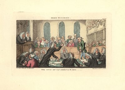 Å være nervøs og kryssforhørt av Mr. Garrow. av Thomas Rowlandson