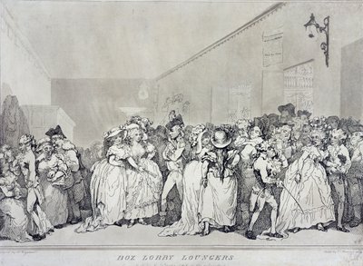 Box Lobby Loungers, etset av Rowlandson etter et design av Henry Wigstead (ca. 1745-93), pub. av John Raphael Smith, 1786 (sepia-etsing) av Thomas Rowlandson