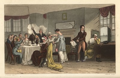 Frokostrommet på Old Bell Inn, Scarborough. Gjester som drikker kaffe, leser aviser, spiser frokost i et Regency-rom. Håndfarget kobberstikk av Thomas Rowlandson, akvatint av J. Bluck, etter en skisse av J. Green fra Poetical Sketche av Thomas Rowlandson