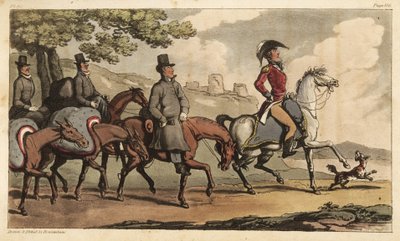 Kaptein Johnny Newcome og hans tjenere med pakkehester på veien til Santarem, Portugal, for å returnere til Peninsula Campaign. Håndfarget kobberstikk tegnet og etset av Thomas Rowlandson fra oberst David Roberts