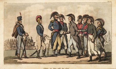 Kaptein Johnny Newcome på vakt som Aide de Camp til hertugen av Wellington under Peninsula-kampanjen. Håndfarget kobberstikk tegnet og etset av Thomas Rowlandson fra oberst David Roberts