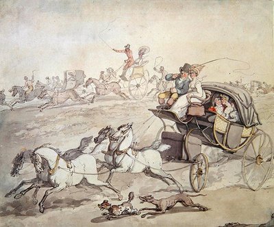 Vogne og ryttere i full fart over åpent gressland, ca. 1800 (penn og blekk med vask på papir) av Thomas Rowlandson