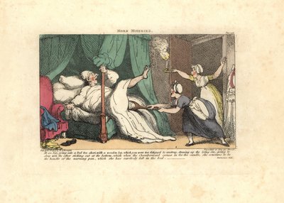 Stuepike trekker på en sovende gjests treben. av Thomas Rowlandson