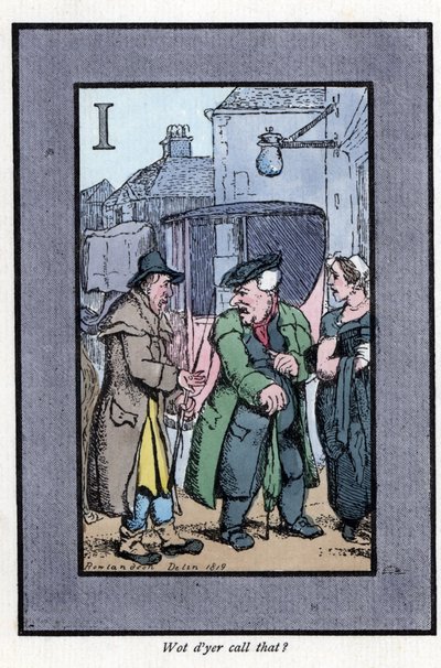 Sjekk Hackney som klager til passasjerer om små tips (1819). Tregravering, basert på et maleri av Thomas Rowlandson (1756-1827), publisert i The Cris of London: med seks sjarmerende barn og nesten 40 illustrasjoner, av Andrew Tuer, Field og Tuer, av Thomas Rowlandson