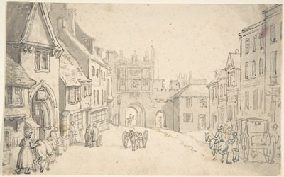 Byutsikt med middelalderport (muligens York) av Thomas Rowlandson